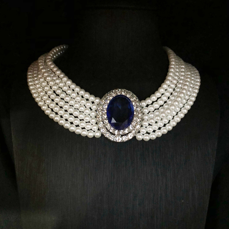 Pearl Trim Chain - 2026年フランスレトロラインストーン象嵌エレガントサファイアネックレス多層ガラスパールネックレスヘップバーンスタイル鎖骨ネックレス