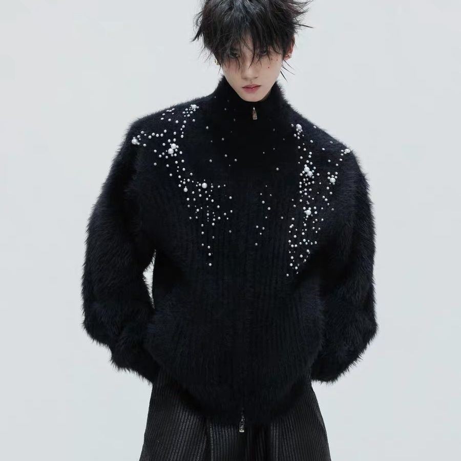 Embellish Knit - ハイカラーの豪華なパール装飾セーターカーディガン、エレガントな厚手のニットセーター、ニットコート