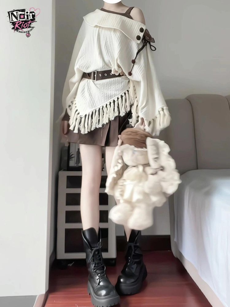 Tassel Fringe Trim - 日本のヴィンテージモリケイ2点セット レディース フリンジトリム オフショルダーケープ ニットトップ ヴィンテージブラウン
