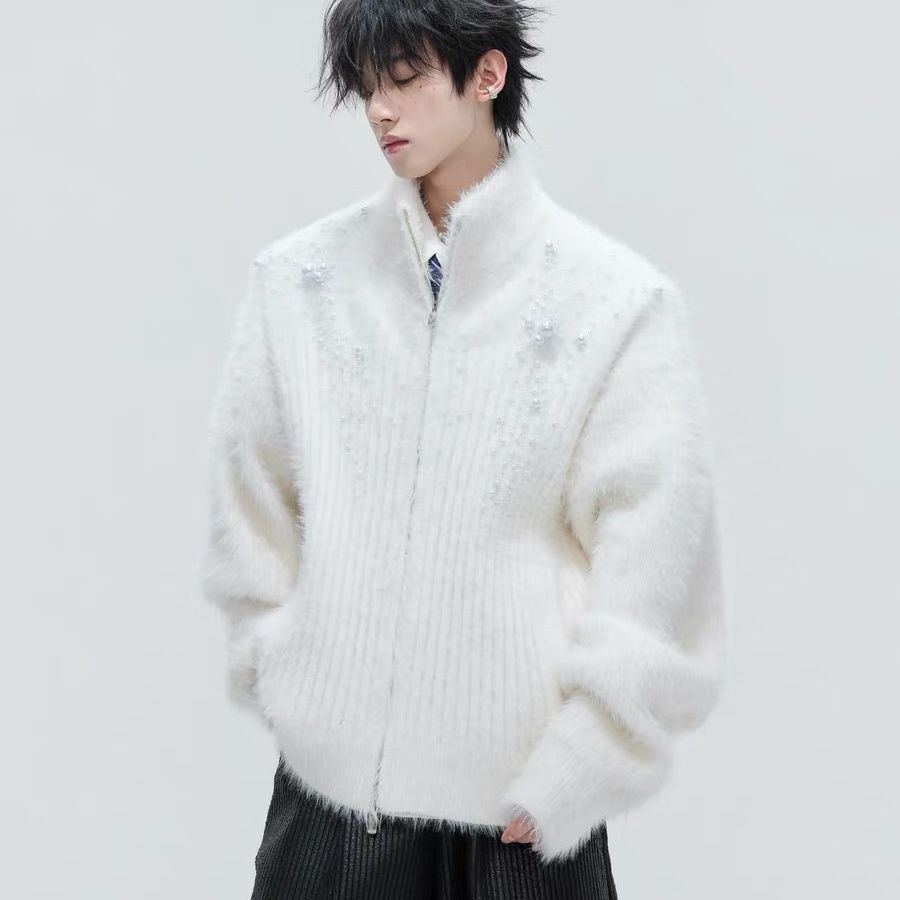 ハイカラーの豪華なパール装飾セーターカーディガン、エレガント - Embellish Knit のレビューと価格