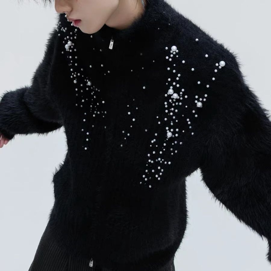 ハイカラーの豪華なパール装飾セーターカーディガン、エレガント - Embellish Knit のレビューと価格