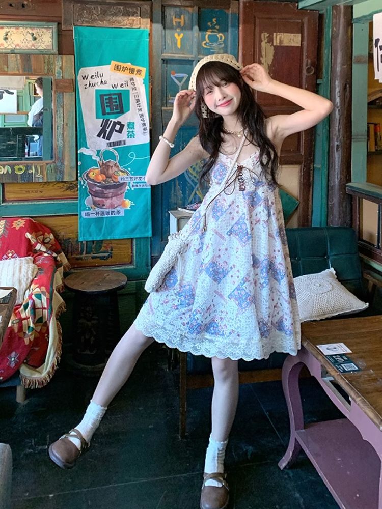 夏らしいヴィンテージ風キャミソールワンピースセット。女性用。 - Elastic Lace Trim のレビューと価格