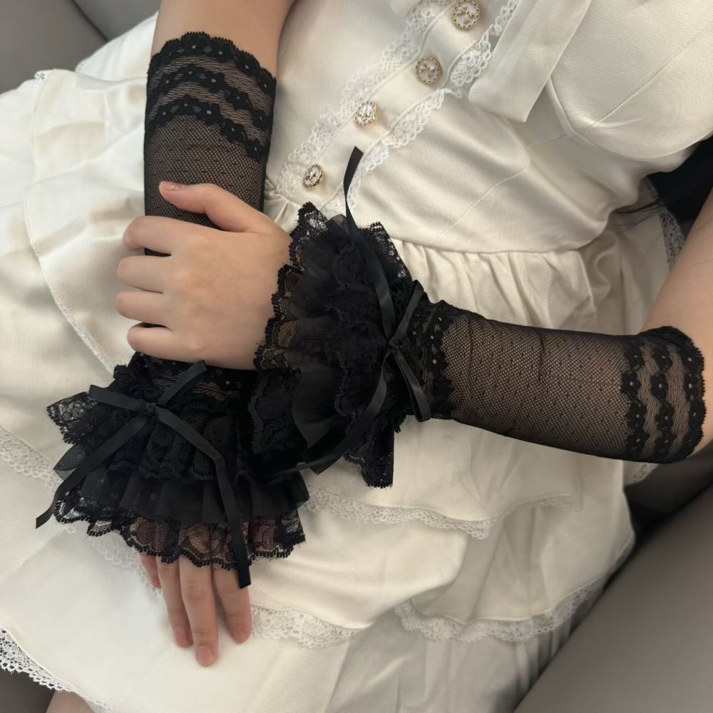 透け感のあるレース素材の指なし手袋、リボンとフリルがあしらわ - Elastic Lace Trim のレビューと価格