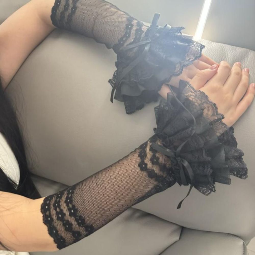 透け感のあるレース素材の指なし手袋、リボンとフリルがあしらわ - Elastic Lace Trim のレビューと価格